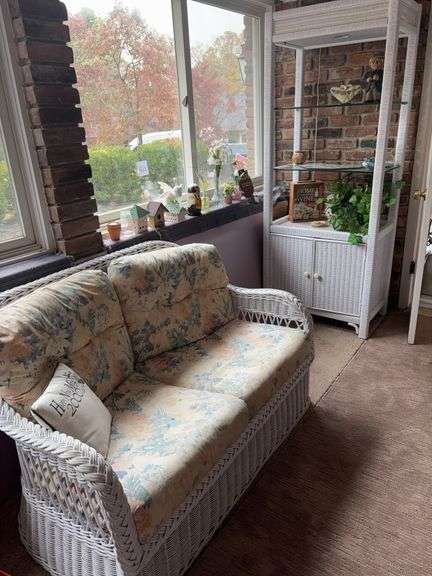 Floral Cushion Wicker Set love seat chair with ottoman table and shelf image