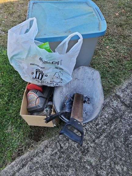 Ash Bucket, Saw, Rock Tumbler and Plastic Storage Container image