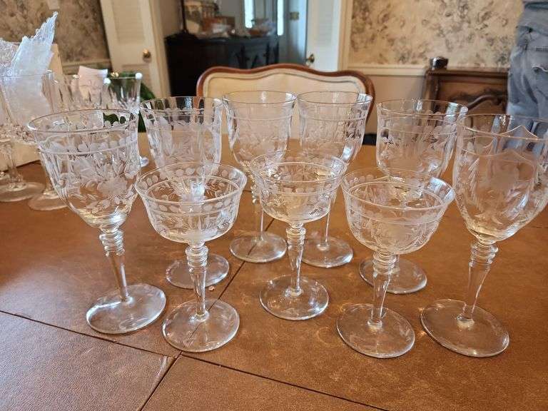(6) Etched Water Goblets and (3) Etched Sherbet Glasses image