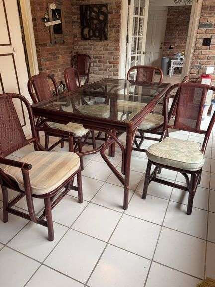 Glass Top Kitchen Table with 2 Captain Chairs and 6 Cushion Chairs 35”x30”x58” image