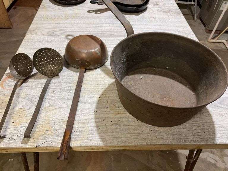 14”D Soup Pot, Copper Ladle, 2 Strainer Ladles image