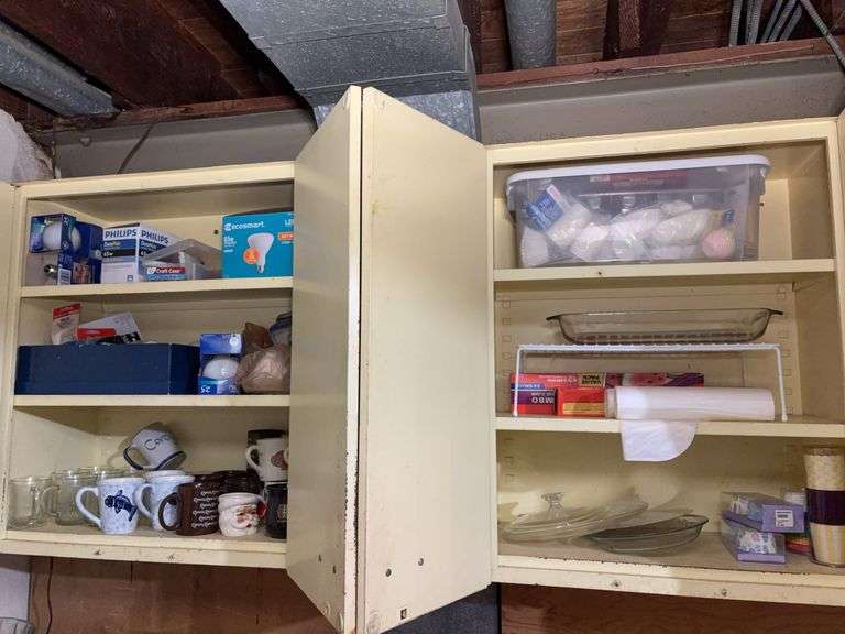 Contents of 4 Cabinets - Assorted Coffee Mugs, Glasses, Serving Trays, Baking Supplies, Misc Household image