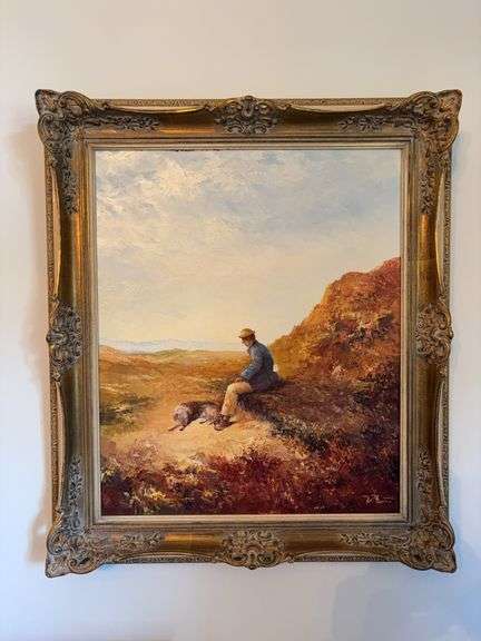 Framed Oil Painting of Man and Dog - 25”W x 30”H image