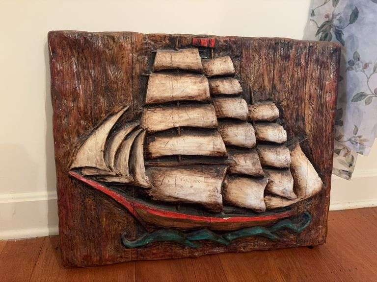 Carved Sailing Ship Artwork - 29”W x 23”H image