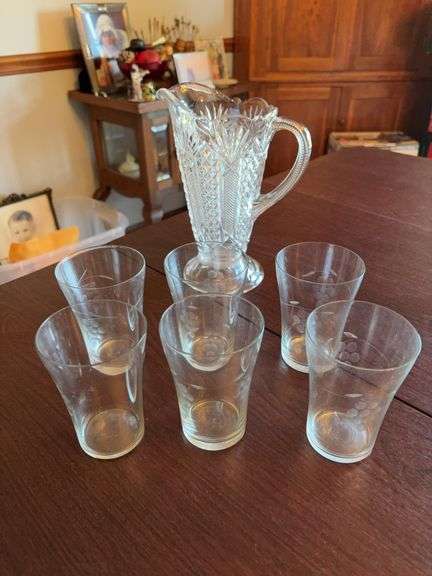 6 Etched Glass Water Cups and Pitcher image