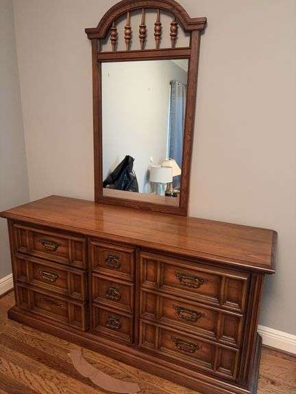 Broyhill 3 Piece Bedroom Set dresser with mirror 82”x66”x20 nightstand 25”x17”x28 chest of drawers 51”x40”x20” contents not included image