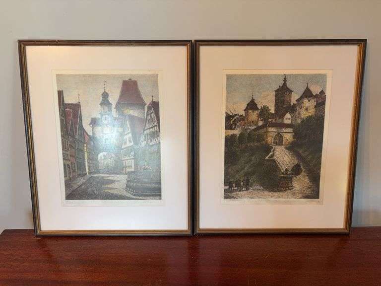 Colored etching print by German artist Ernst Geissendorfer & "Rothenburg Tor" image