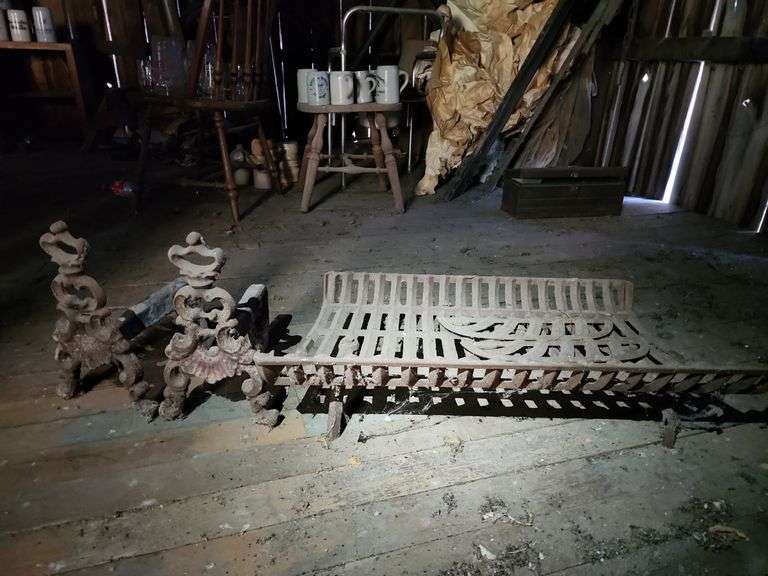 Cast Iron Fire Place Basket and 2 Cast Iron Fire Place Andirons image