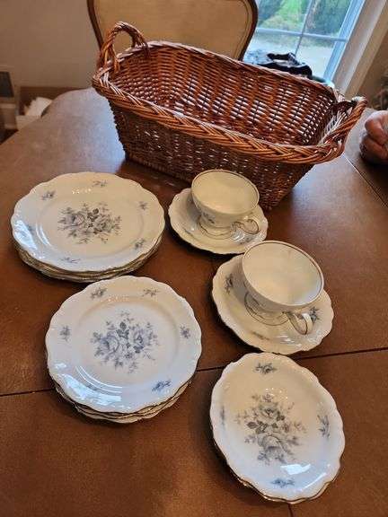 Joann Haviland China - Coffee Cups, Saucers, Bowls, Dessert Plates, Salad Plates and Wicker Basket image