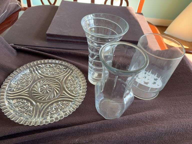 Cut Glass Platter and 3 Vases image