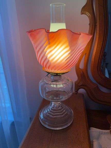 Electrified Oil Lamp with Pink Glass image