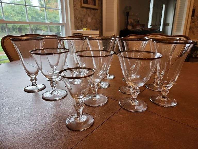 Chalet Silver Trimmed Glassware - 10 Iced Tea Glasses, 3 Water Glasses, 5 Dessert Plates, 1 Sniffer image