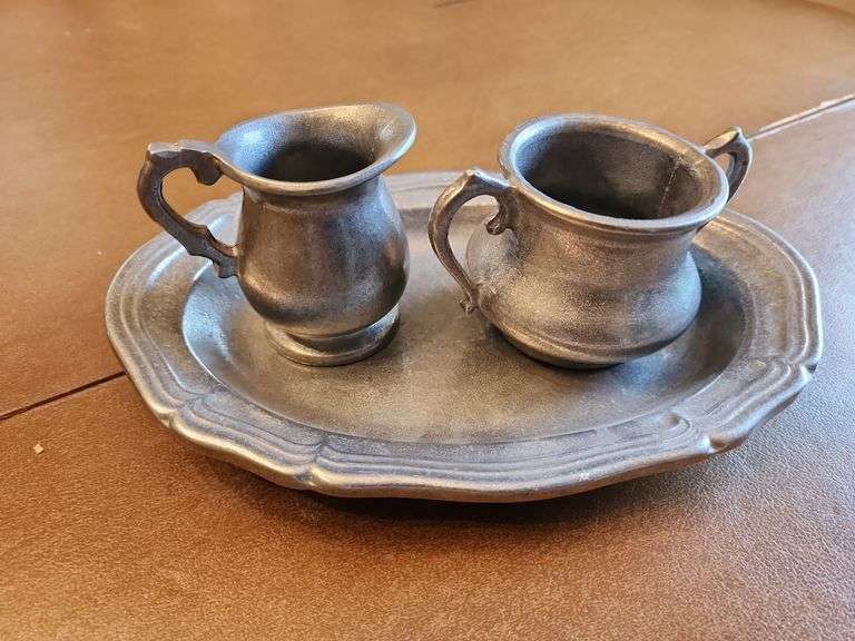 Pewter Creamer, Sugar Bowl and Small Tray image