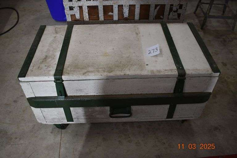 Green and White Wooden Trunk on rollers-40 1/4" long, 20" wide, 20" tall image