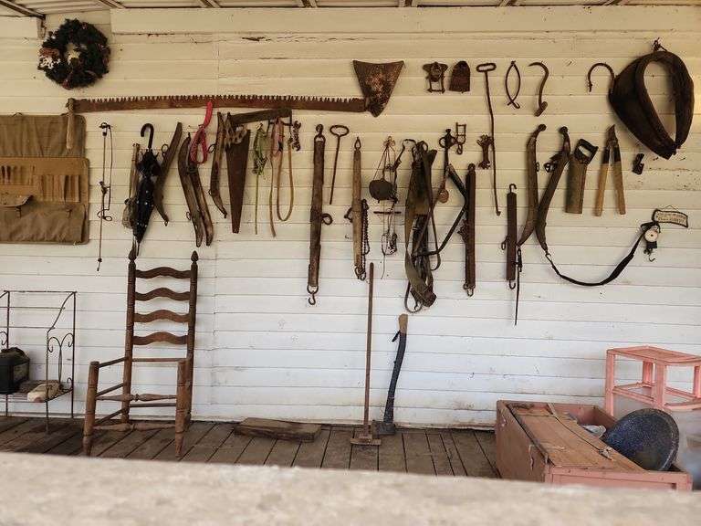 Contents of Wall - Antique Tools, Horse Collar, Hanes, Etc image