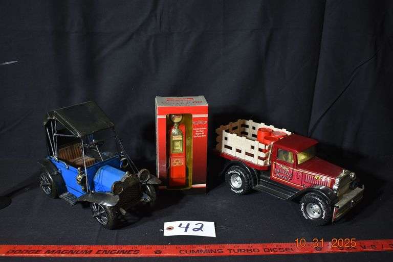 Vintage Blue Car, Wayne 60 Gas Pump Bank Replica & Nylint Classic Truck image