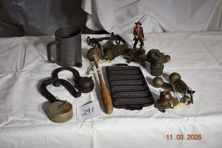 Sifter, 2 Horse Shoes, Cast Iron Cornbread Pan, Meat Grinder and Misc. Items image