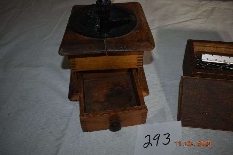Vintage Coffee Grinder and Wooden Box with Drill Bits image