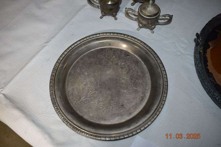 Tray with glass top, Silver Tray, Mini Teapot with Creamer and Sugar Bowl image