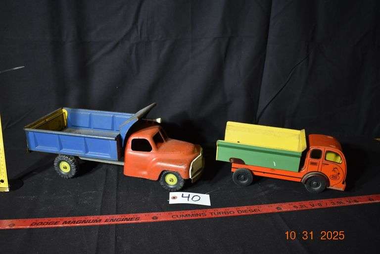 Blue & Red dump truck & Red, Green & Yellow Dump truck-18" long and 12 1/2" long image