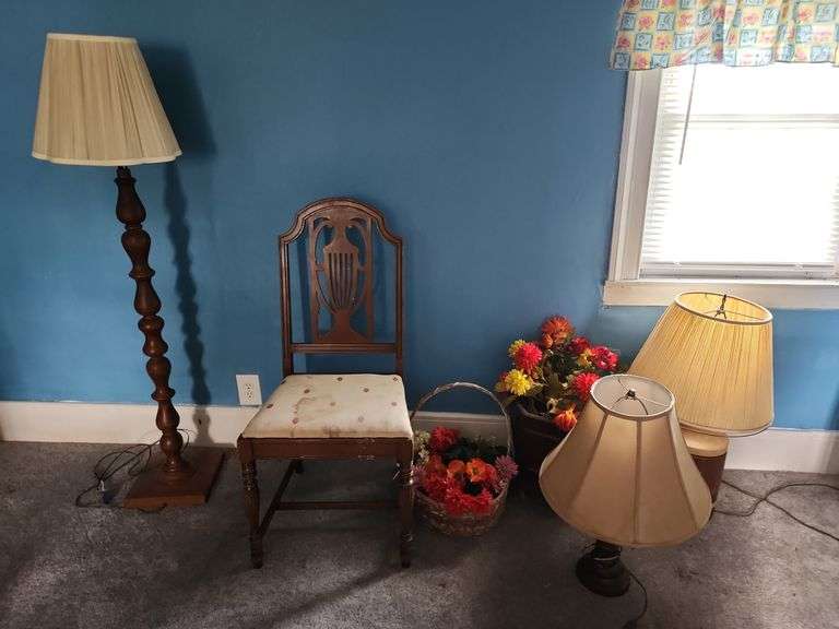 Assorted Home Decor - Lamps, Floral Arrangements, Baskets and Chair image