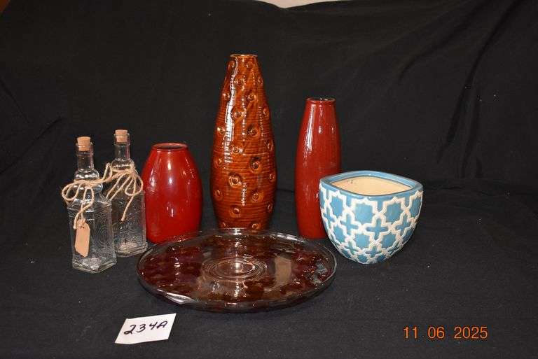 2 Red Vases, Brown Vases, Serving Tray, 2 Bottles and Flower Pot image