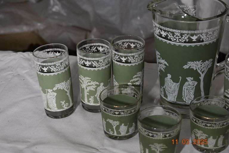 Green Pitcher with 7 Glasses and 3 Small Glasses image
