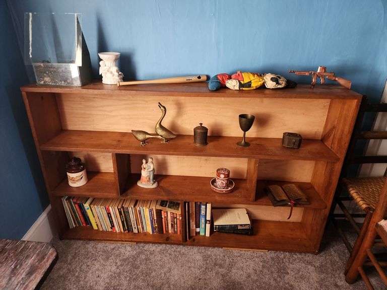 Shelf 60"x10"x37" and Contents - Mickey Mouse, Books, Brass Geese, Trinkets, Etc. image
