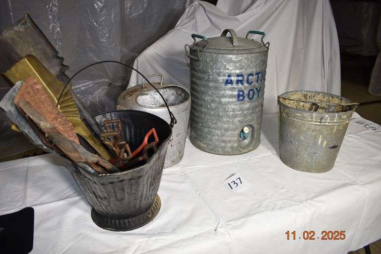 Metal Water Cooler, Coal Bucket with Shovels and 2 Metal Buckets image