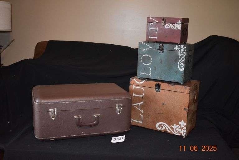3 Metal Home Decor Boxes and Vintage Suitcase image