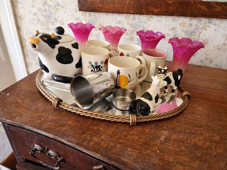 Assorted Kitchenware, Pink Globes and Mirrored Tray image