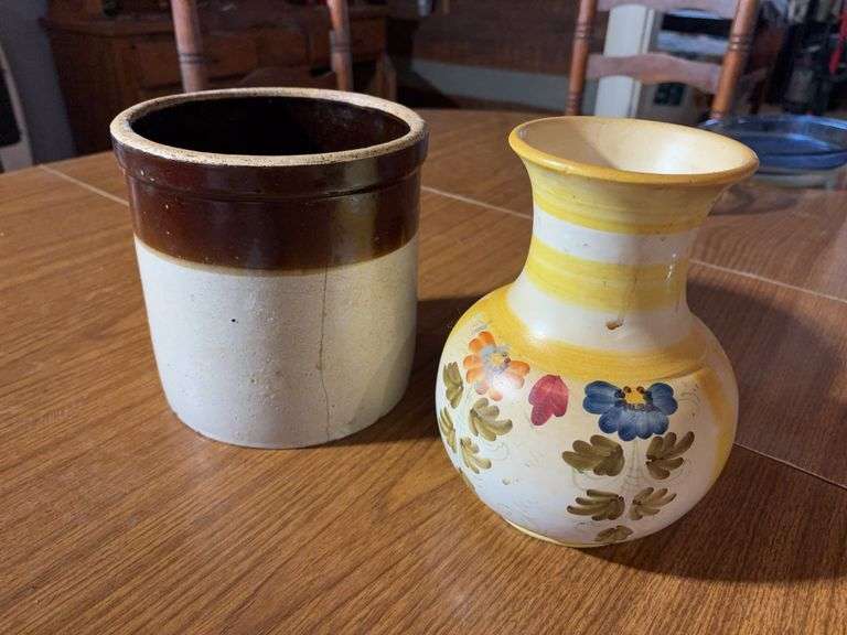 Italian Made Flower Vase and 7”H Crock (cracked) image