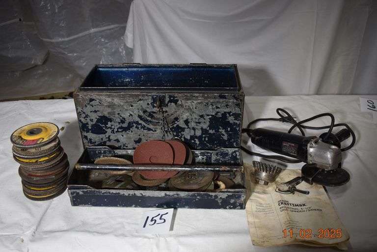 Craftsman Grinder with several grinding wheels and sanding disc and Metal Toolbox image