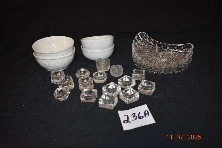14 Vintage Salt Cellars, 3 Moon Shaped Dishes, 4 White Bowls image