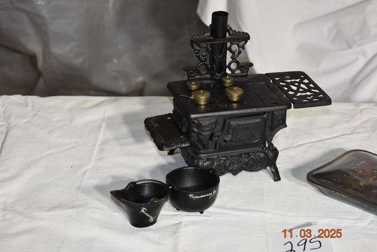 Cast Iron Stove with Ash Bucket and Kettle, Silver Dust Pan and Broom image