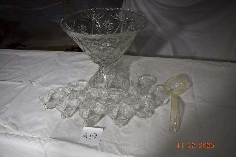 Glass Punch Bowl on Stand with 11 cups and ladel image