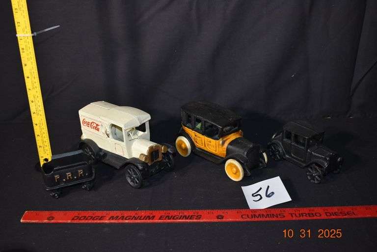 3 Vintage Cast Iron Cars, Cast Iron Train Cart image