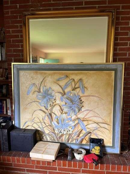 Floral Oil Painting on Canvas 60”x48” contents of mantle cowbell fireplace tools mirror
