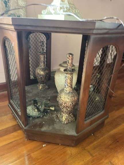 Octagonal Side Table with Contents and Wall Art 26”x24”