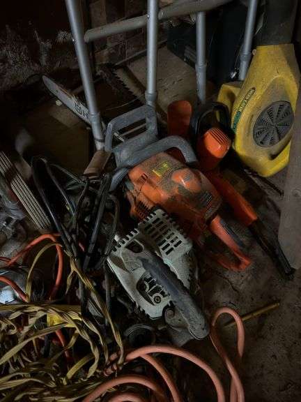 Hand cart extension cords chainsaw and leaf blowers