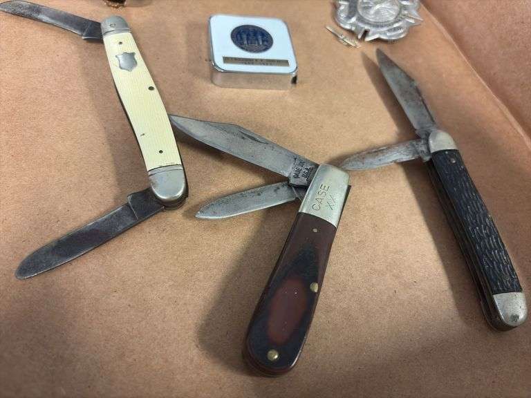 Case XX Pocket Knife, Hibbard Spencer Bartlett Co. Pocket Knife, Assorted Cuff Links, Tie Clips and Display Case
