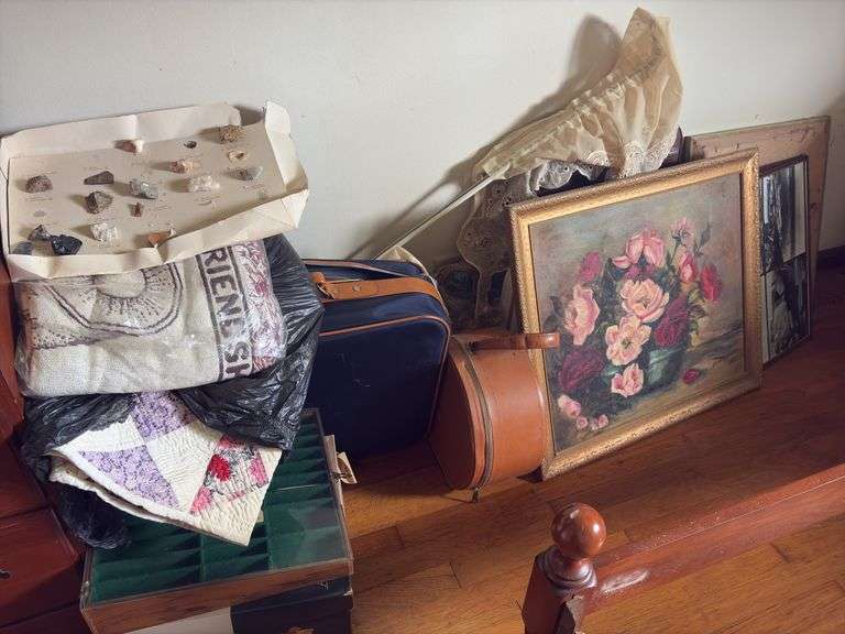 Assorted Luggage, Quilt, and Artwork