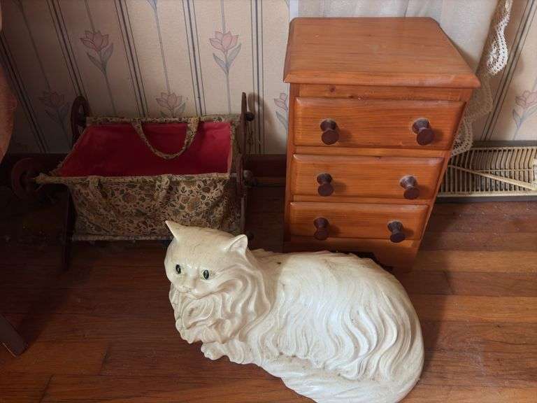 Small Pink dressing chair, cat statue, shoes, wooden box