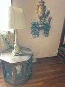 Octagonal Side Table with Contents and Wall Art 26”x24”