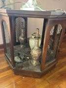 Octagonal Side Table with Contents and Wall Art 26”x24”