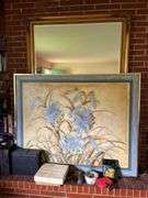 Floral Oil Painting on Canvas 60”x48” contents of mantle cowbell fireplace tools mirror