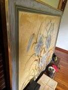Floral Oil Painting on Canvas 60”x48” contents of mantle cowbell fireplace tools mirror