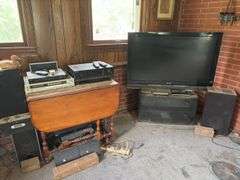 46” Sony Tv with Entertainment Stand, Drop Leaf Table, Speakers, Recievers, etc