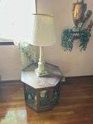 Octagonal Side Table with Contents and Wall Art 26”x24”