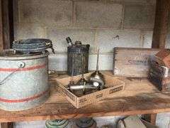 Vintage Oil Cans, Wooden Boxes, Misc